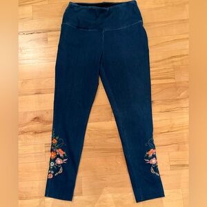 Athena Marie Dark Blue Floral Embroidered High Waist Jean Leggings Medium